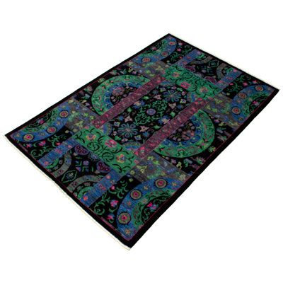 Tapis unique en laine noué à la main 6 pi x 9 pi 2 po noir / vert nouvel âge Lahore Carson-Craig