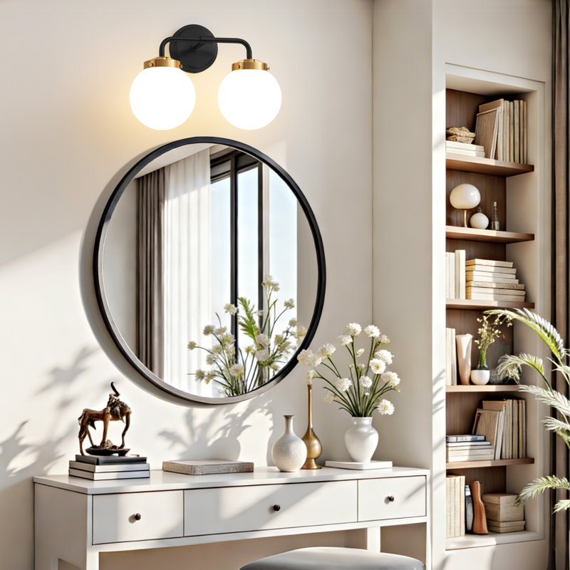 Karlei Dimmable Vanity Light with Hand Blown Glass Globe Shade, White, Black/Gold, 2