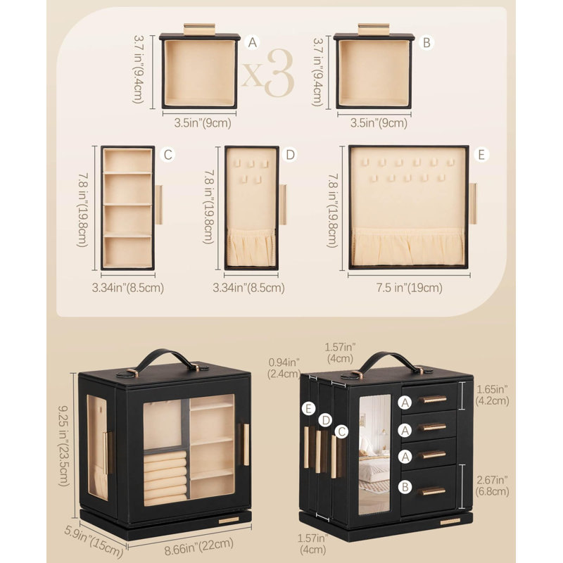 360° Rotating Jewellery Box with Transparent Window and Mirror