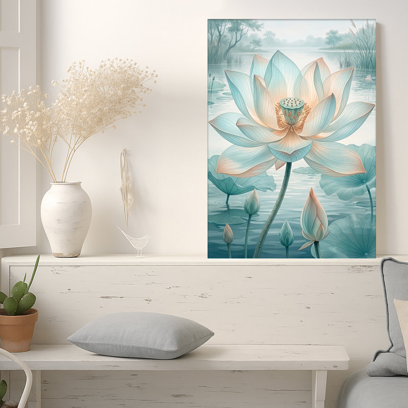 «Blue Lotus Flower», art mural sur toile bleu sarcelle, 24"H x 18"W