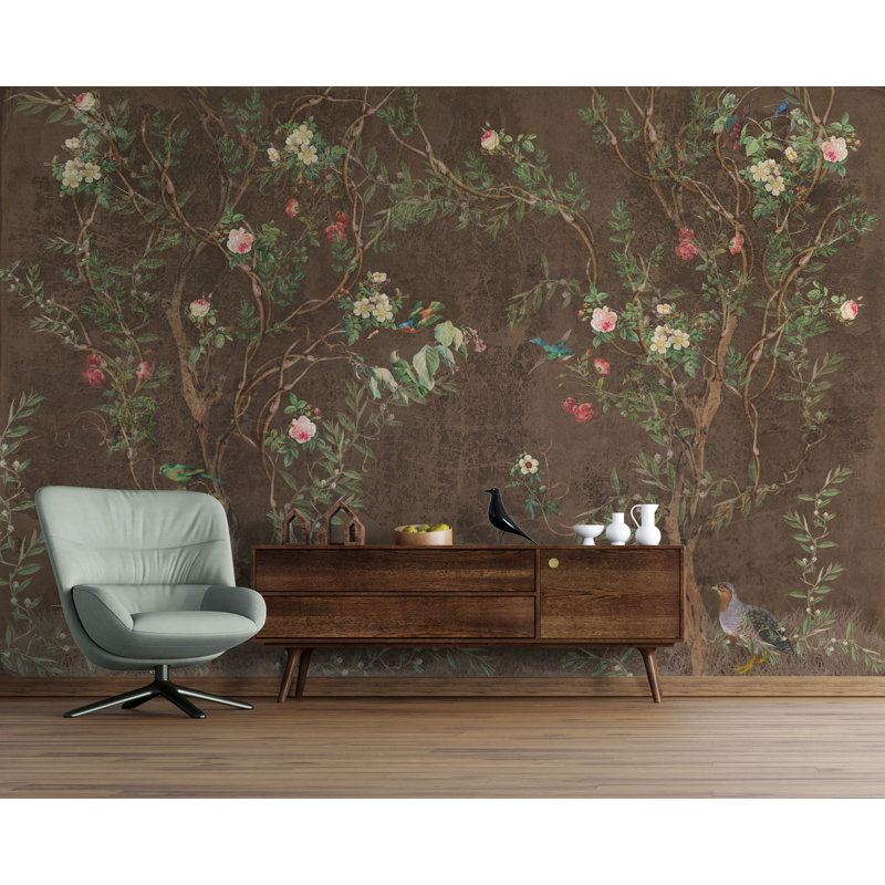 Papier peint rétro avec vignes roses et roses, L 50 po x l 75 po