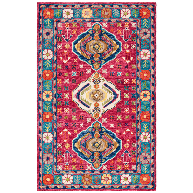 Tapis bleu / rouge en laine / coton touffeté à la main Ferrelview, Rectangle 8 pi x 10 pi