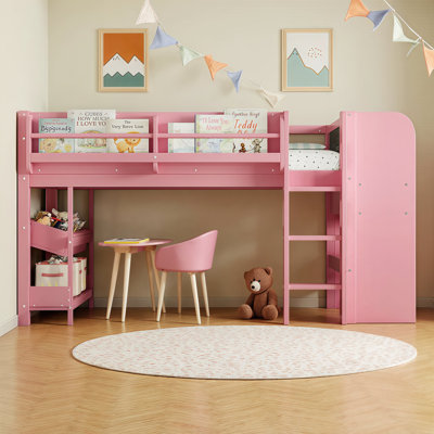 Full Size Low Loft Bed with Study Desk, Blackboard & Storage Bookcases | Space-Saving Kids Bed | Solid Wood Construction, Sturdy & No Box Spring Needed