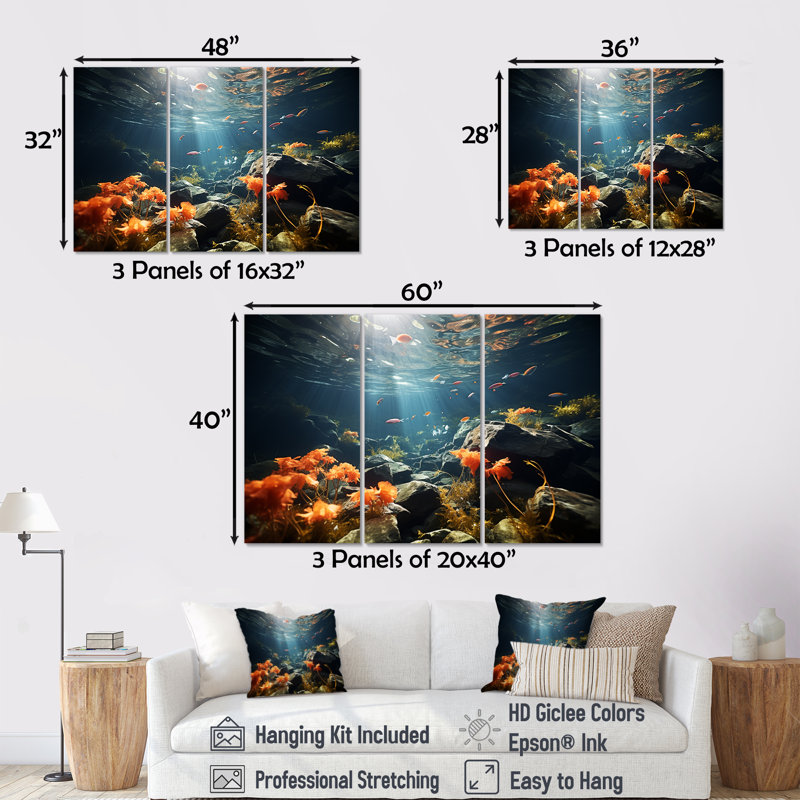 «Beautiful Coral Kingdom - Coastal Coral Under Water», ensemble d'art mural, Toile tendue, H 28 po x l 36 po x P 1 po