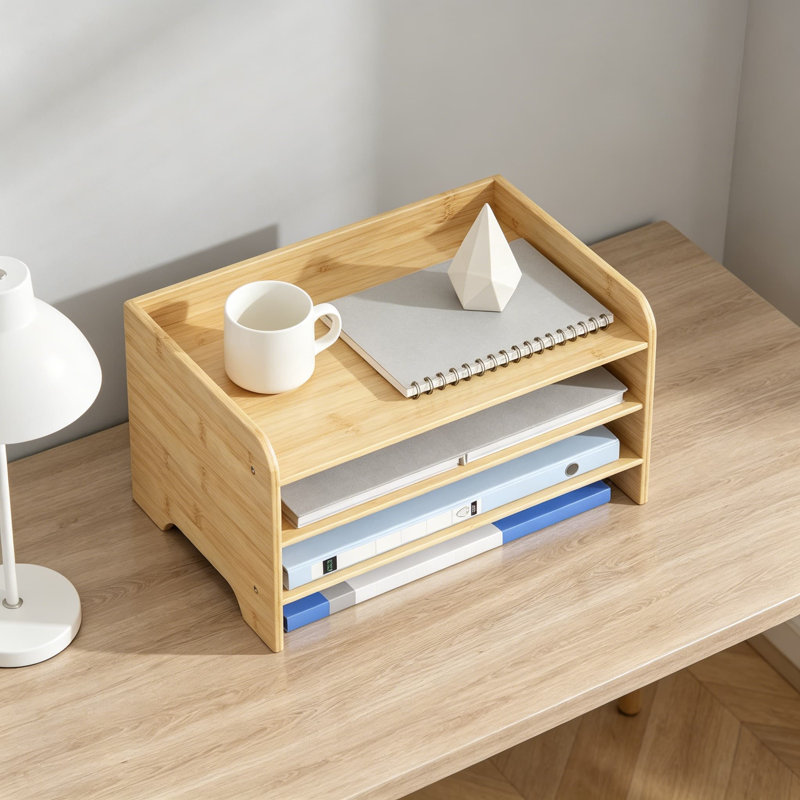 Organisateur de bureau en bambou avec plateau à lettres à 3 niveaux, classeur en bois et support de courrier pour comptoir, rangement de documents en papier A4 pour fournitures scolaires de bureau à domicile