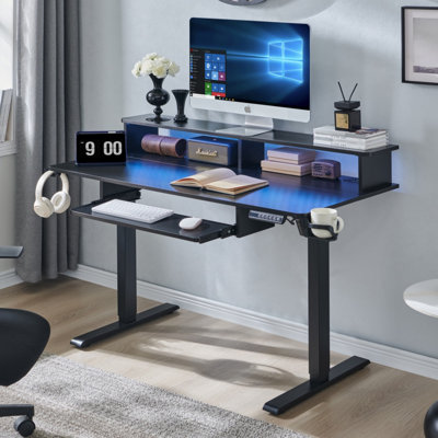 48" Height-Adjustable Standing Desk with Keyboard Tray, Power Outlets, LED Lights