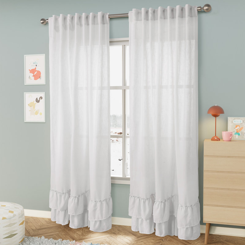 Linen Texture Double Ruffle Semi Sheer Back Tab Pair (2 Panels), White, 52" W x 63" L