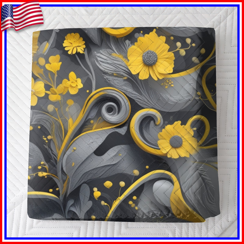 Couvre-lit matelassé à motif floral jaune-gris toutes tailles, Grand lit