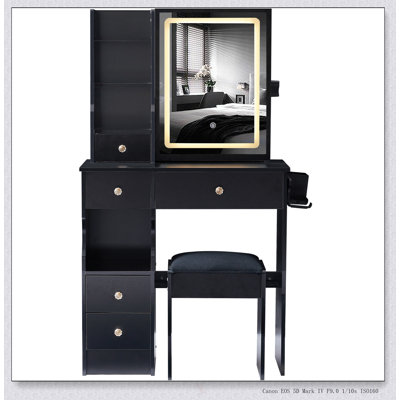 Table de coiffeuse compacte avec miroir à DEL, centrale électrique et tabouret rembourré pour les petites chambres à coucher, éclairage tricolore et luminosité réglable