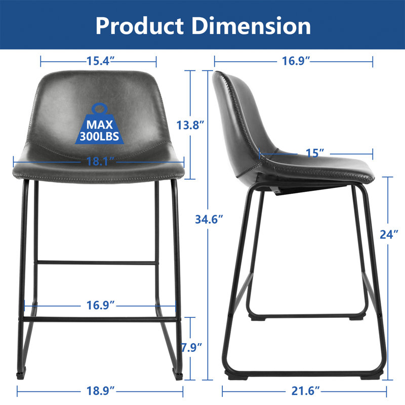 Parveena PU Leather Bar Stools With Back, Gray, Counter Stool (24" Seat Height), 2