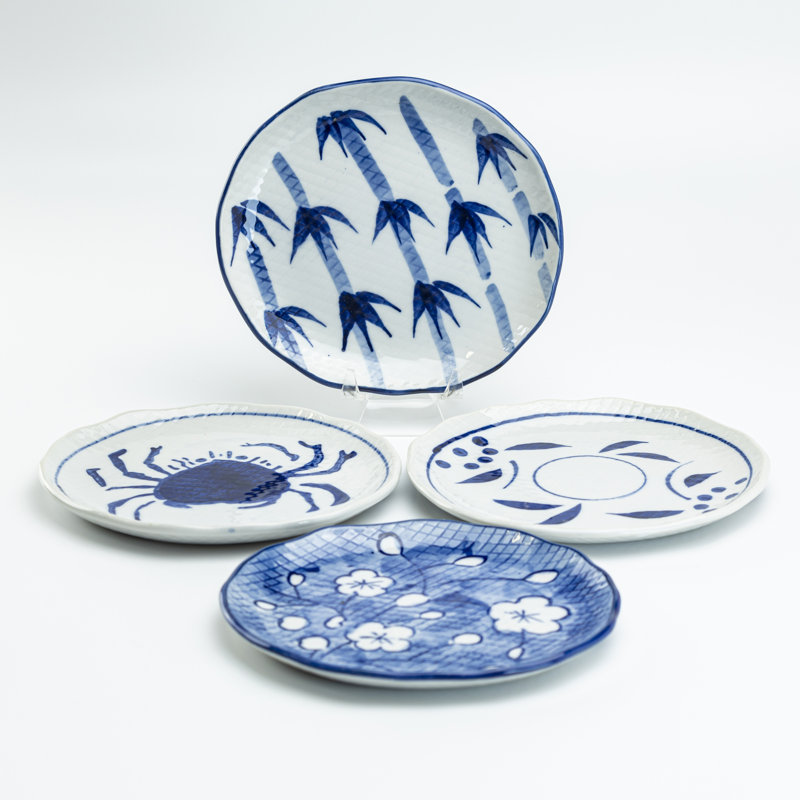 Hand Painted Blue White Appetizer Plates, Assorted Set Of 4