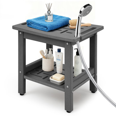Hdpe Shower Bench For Inside Shower, Poly Corner Shower Stool For Shaving Legs, Heavy Duty 350Lbs Shower Seat With Storage Shelf, Waterproof Shower Foot Rest Shower Chair For Bathroom Indoor Outdoor Use,Grey/White/Black