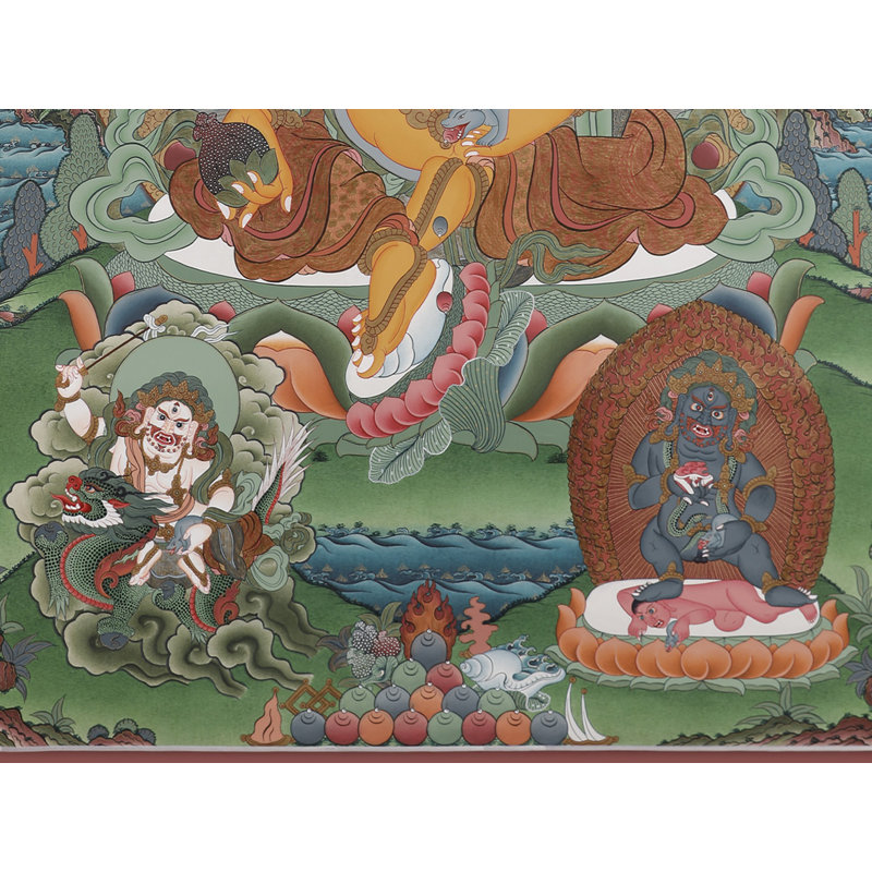 Thangka «Panch Kubera - cinq aspects de la richesse» peint à la main | Toile de coton H 39,4 po x l 27,2 po avec feuille d'or véritable 24 carats