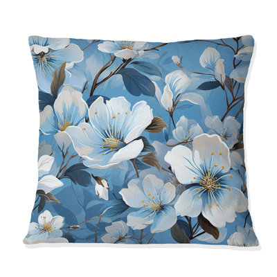 White And Blue Bliss Floral Pattern II - Floral Printed Throw Pillow