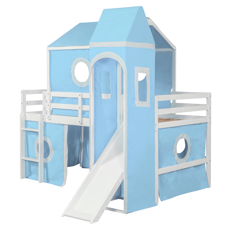 Lit mezzanine avec glissoire, tente et tour, Simple, Bleu