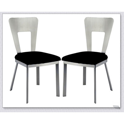 Chaises de salle à manger contemporaines en métal argenté 2 pièces avec sièges en microfibre noir et dossier en trou de serrure pour des salles à manger élégantes