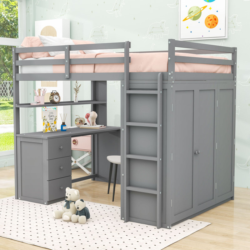 Loft Bed With Desk, Drawers, And Wardrobe, Gray, Full