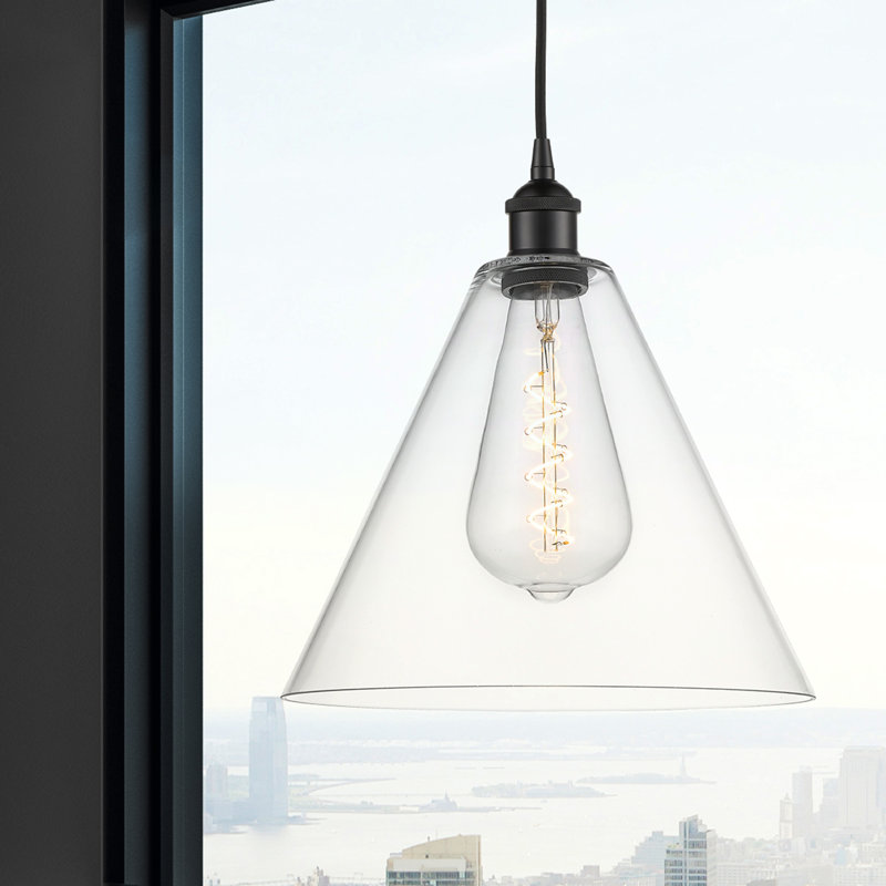 Luminaire suspendu conique à 1 lumière Bluford, H 13,75 po x l 12 po x P 12 po, Transparent, Noir mat