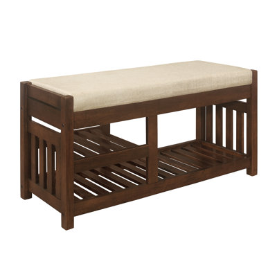 Banc rembourré en tissu texturé moderne et contemporain de 38 po avec deux tiroirs cachés pour un rangement discret, deux tablettes de rangement ouvertes pratiques