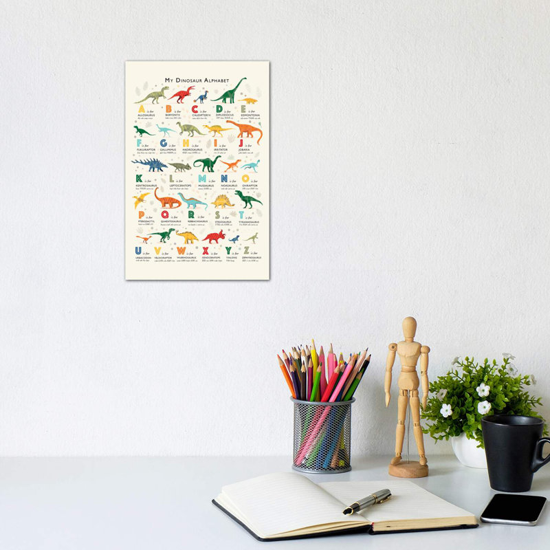 Dinosaur Alphabet - impression d'art graphique, Pas de tapis, Toile tendue, H 12 po x l 8 po x P 0,75 po