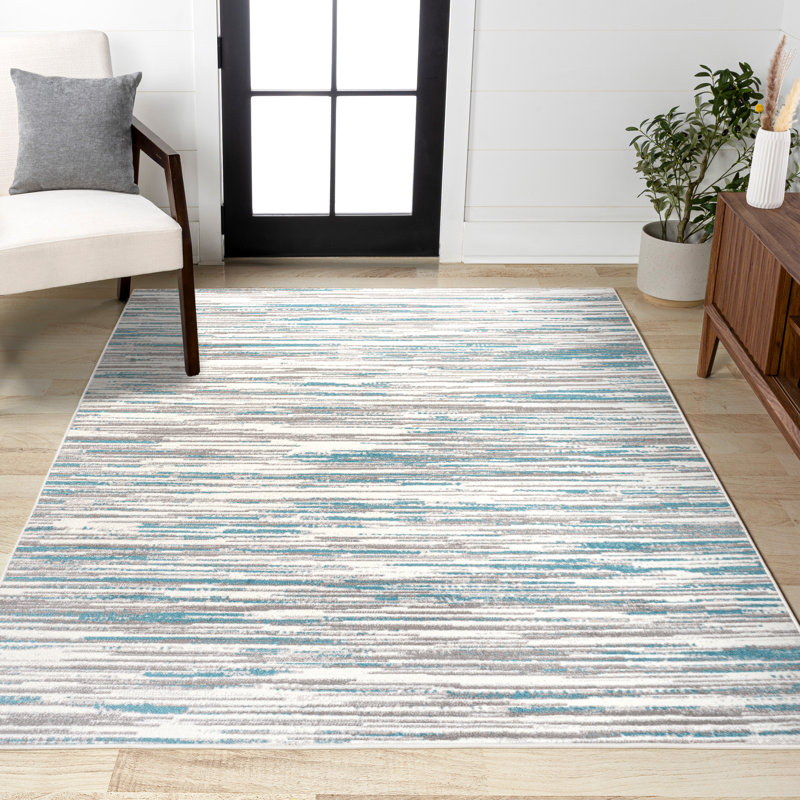 Oritz Abstract Linear Stripe Gray/Blue Rug, Rectangle 5'3" x 8'