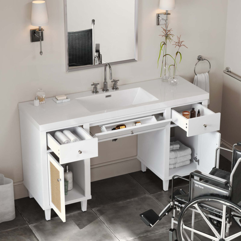 Meuble-lavabo de salle de bain avec lavabo SMC, armoire de rangement spacieuse moderne avec tiroirs à fermeture en douceur et plateau basculant, pieds en bois massif et boutons en métal