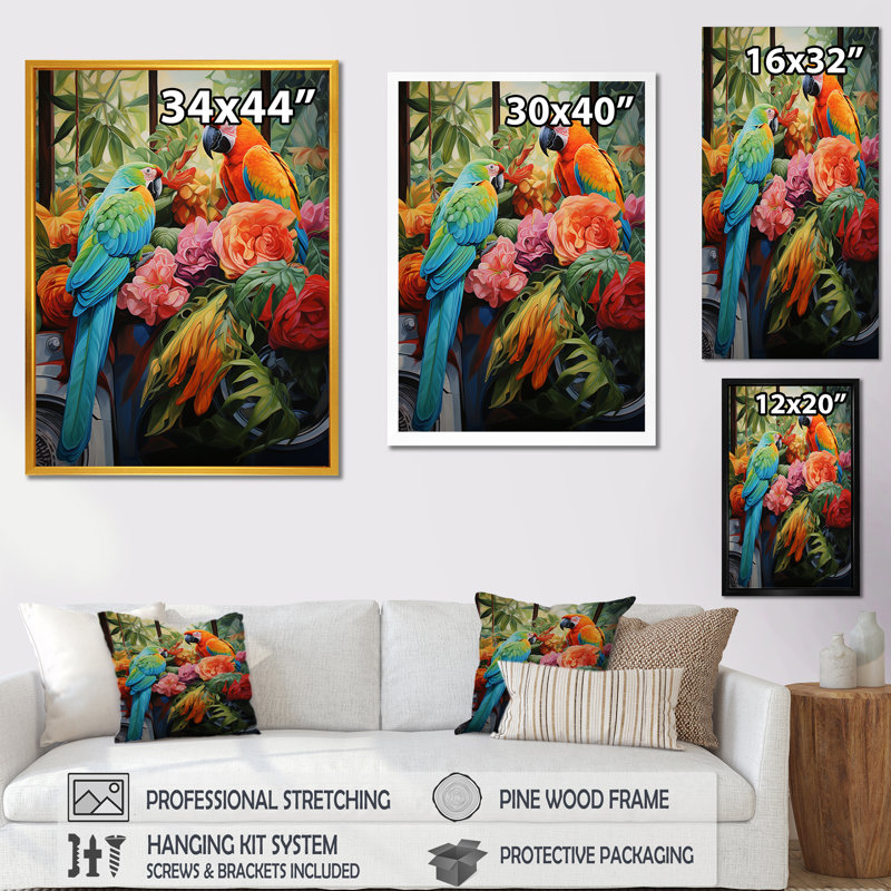«Blue Parrot Jungle Paradise» - art mural perroquet, Cadre flottant doré, H 32 po x l 16 po x P 1 po