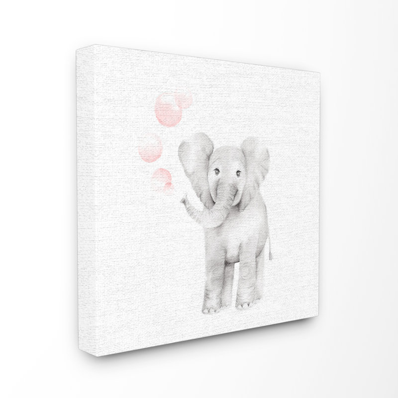 «Baby Elephant Bubbles», impression en lin rose, H 17 po x l 17 po, Toile tendue