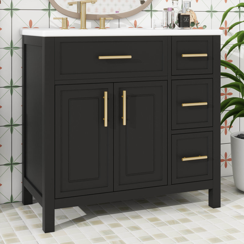 Configuration de meuble-lavabo 36 po avec comptoir d'évier, meuble-lavabo avec deux portes et trois tiroirs, Noir
