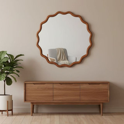 Wavy Round Solid Wood Frame Decorative Mirror,For Bedroom, Bathroom, Living Room, Entryway
