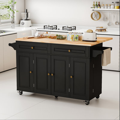 Îlot de cuisine 59 po avec battant coulissant, portes de rangement et tablettes réglables, table mobile pour îlot avec support à épices, porte-serviettes et tiroirs pour la salle à manger 