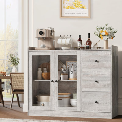 Sideboard Buffet Cabinet With Storage, 43" Coffee Bar Cabinet With Glass Doors And 3 Drawers, Storage Cabinet With Adjustable Shelves