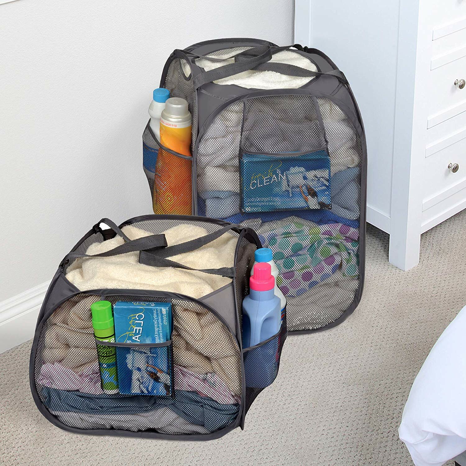 Smart Design Deluxe Mesh Pop Up 3 Compartment Laundry Sorter Hamper Basket  - VentilAir Fabric Collapsible Design - for Clothes & Laundry - Home