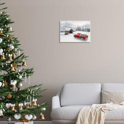 Paysage de montagne relaxant enneigé, camion rouge, art numérique de la giclée noire encadrée par Michael Shelton