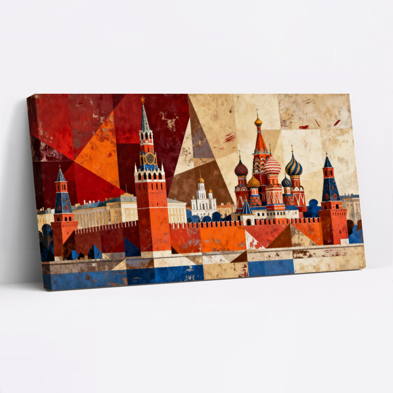 Ensemble de 1 tableau mural sur toile représentant un collage de monuments de Moscou, H 28 po x l 58 po