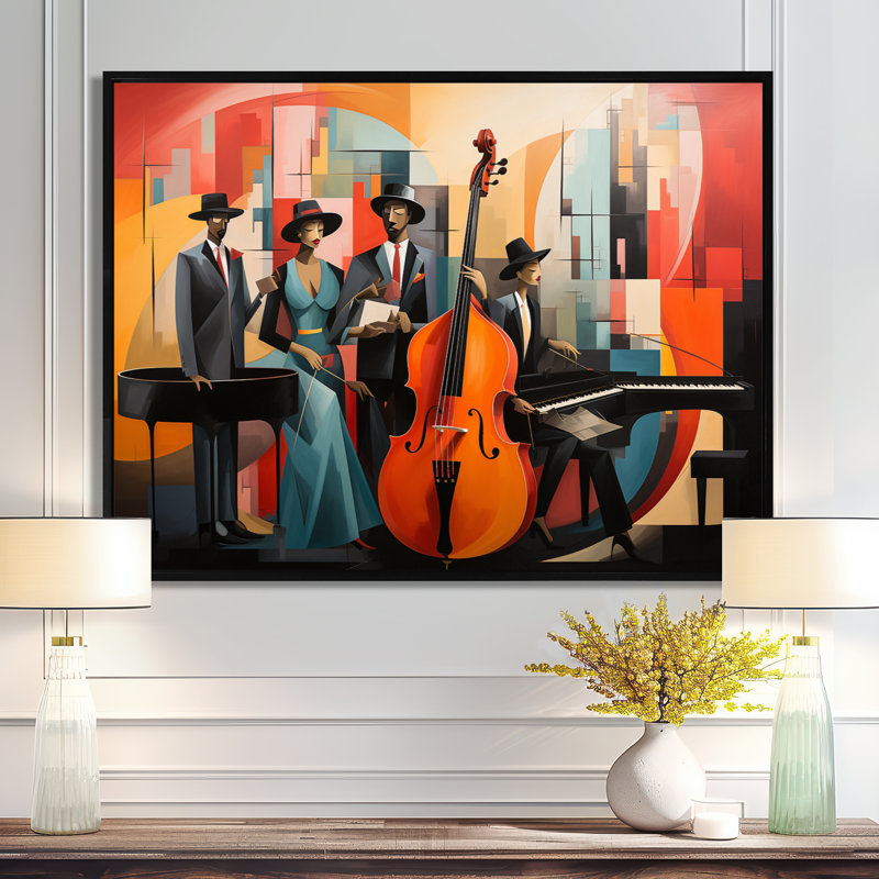 Abstrait Harlem Jazz Quartet - Musician, impression d'art mural, Toile avec cadre flottant noir, H 34 po x l 44 po x P 1,5 po