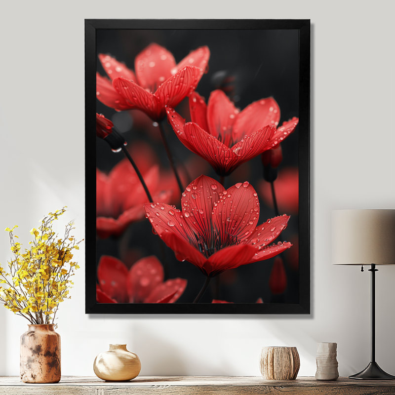 Monochrone pissenlit gouttes de pluie reflets II - pissenlit, impression d'art mural, H 30 po x l 40 po, Cadre simple noir