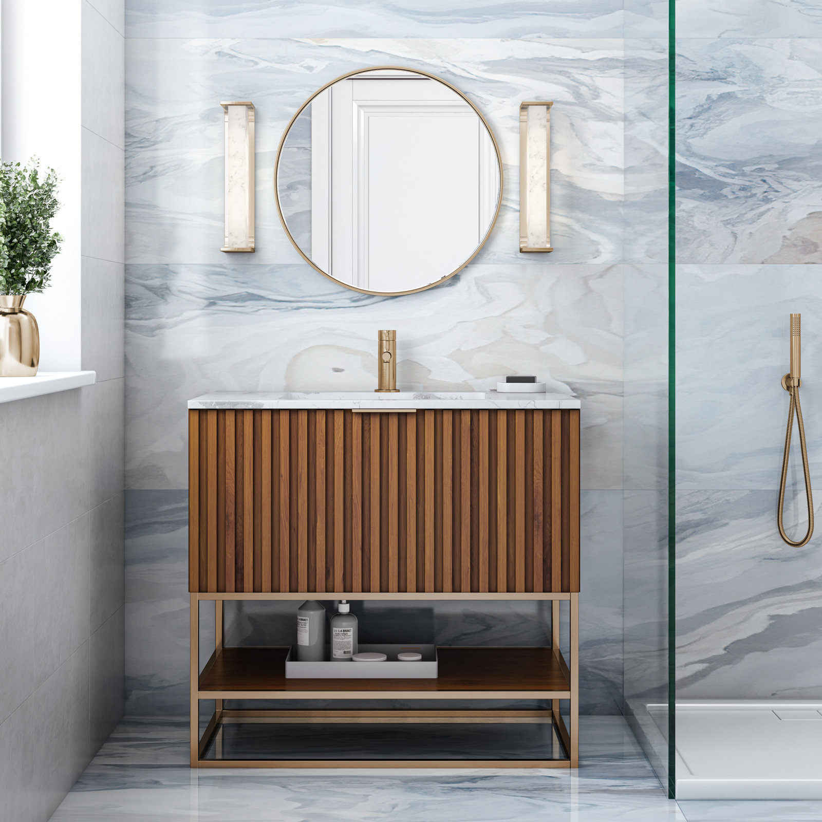 Terra 36'' Single Bathroom Vanity, Carrara Marble/Single Faucet Mount, Walnut, Satin Brass