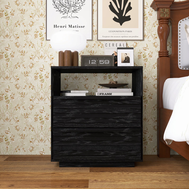 Table de chevet Mid Century avec station de charge et 2 tiroirs, Noir