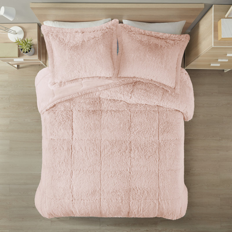 Brielle Shaggy Faux Fur Comforter Set with Faux Mink Reverse, King/Cal. King Comforter + 2 King Shams, Blush