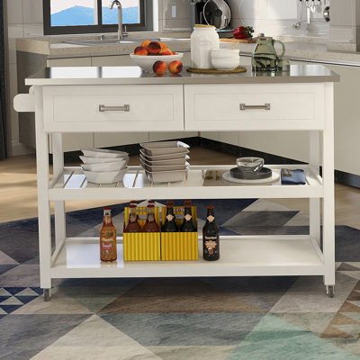 Stainless Steel Table Top White Kicthen Cart With Two Drawers