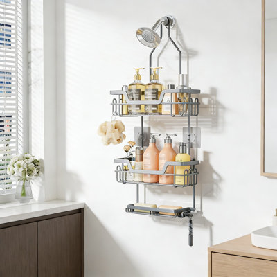 Over The Shower Head Organizer, 3-Tier Rustproof Shower Caddy With 16 Hooks & Dual Soap Holder, No Drilling Hanging Bathroom Storage Shelf For Shampoo, Towels, And Accessories