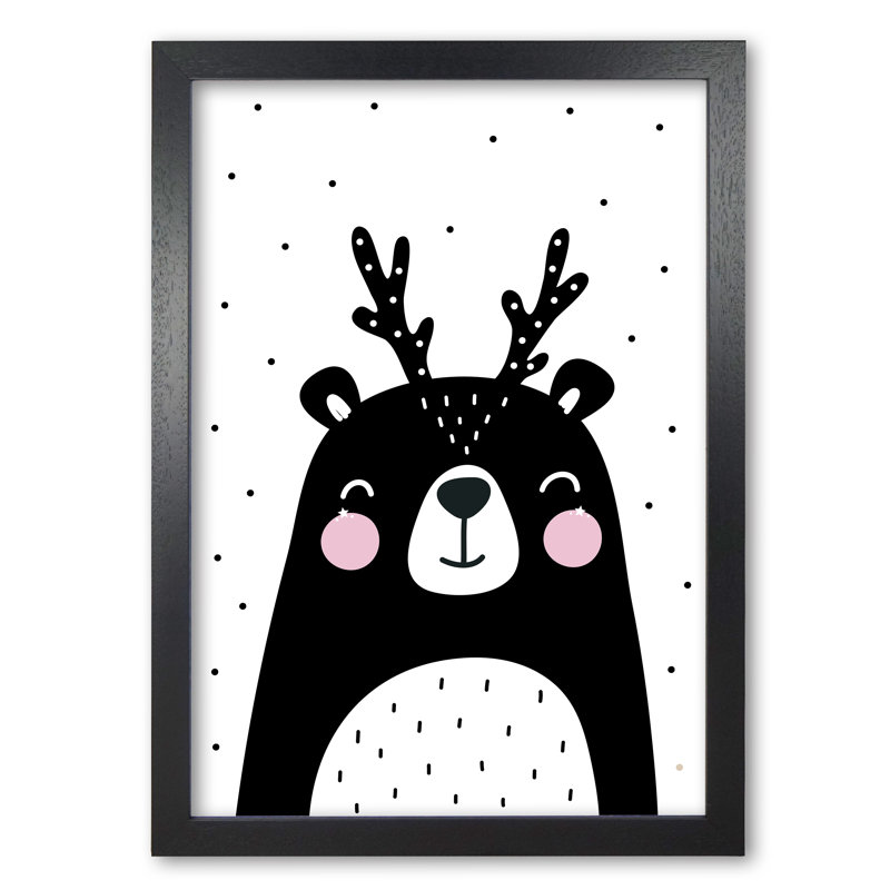 Black Bear With Antlers - Painting, 60 cm H x 42 cm W x 5 cm D, Black Grain Frame