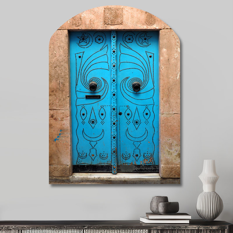 Porte bleue rétro rétro - art mural asymétrique rétro - forme d'arche, H 34 po x l 25 po