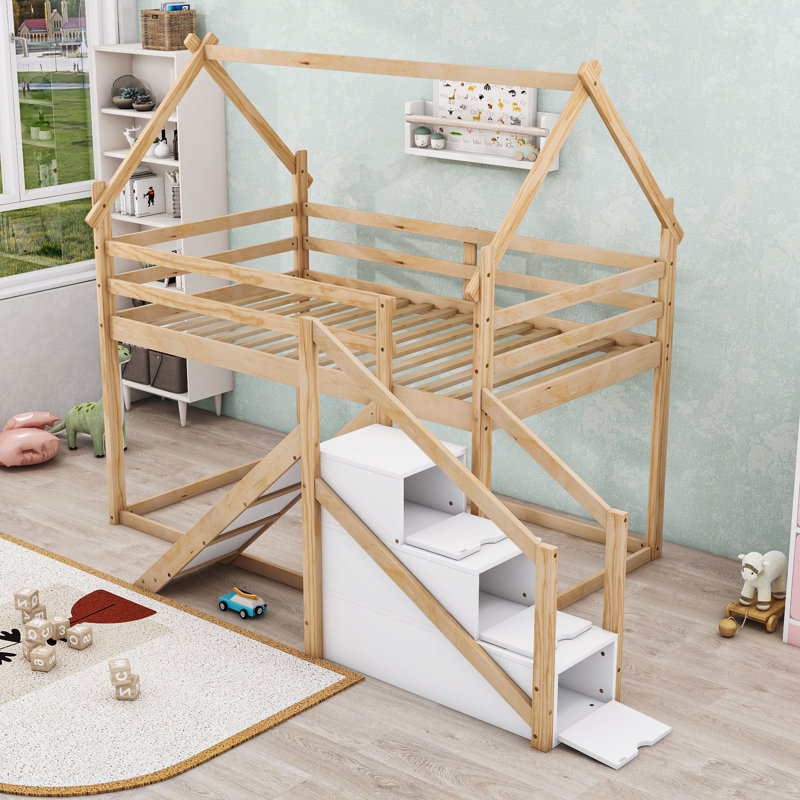 Wood Twin Over Twin Bunk Bed With Slide, Staircase And Storage, Natural