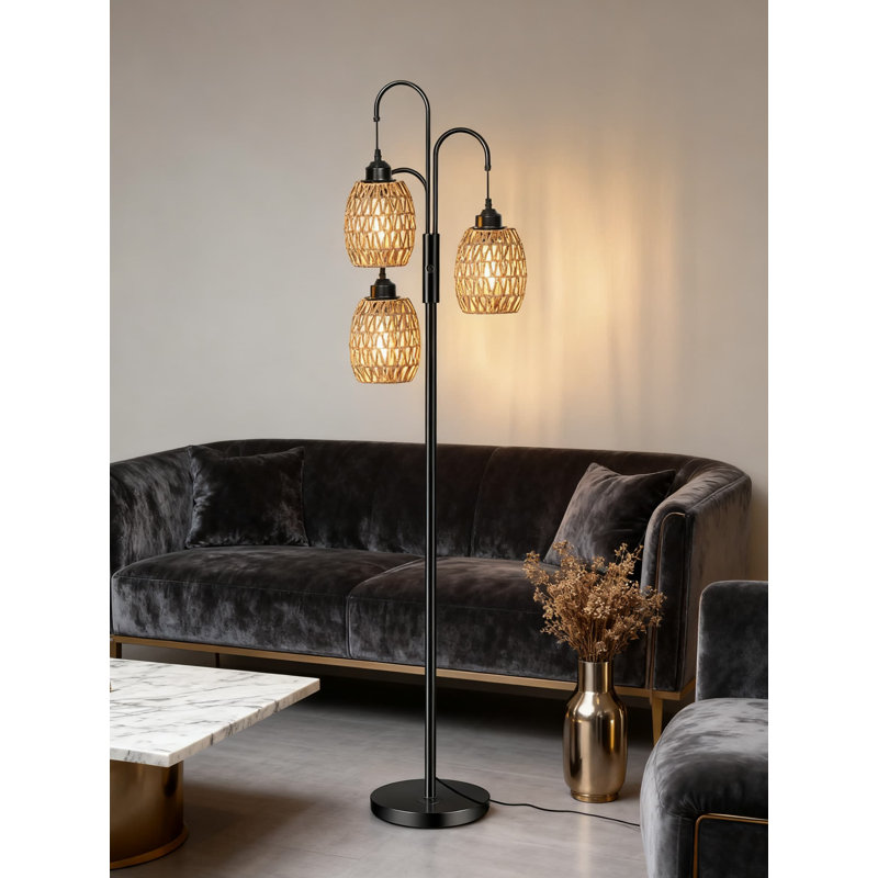 Lampe sur pied 3 lumières Boho avec abat-jour en jute tissé à la main, lampe sur pied à intensité variable pour salon et chambre à coucher, ampoules de 3 x 6 W incluses, télécommande