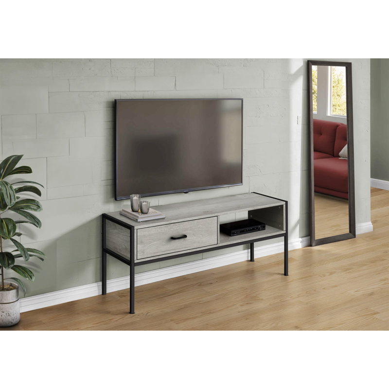 Meuble télé, console de 48 po, meuble multimédia, tiroir de rangement, salon, chambre à coucher, stratifié gris, métal noir, contemporain, moderne