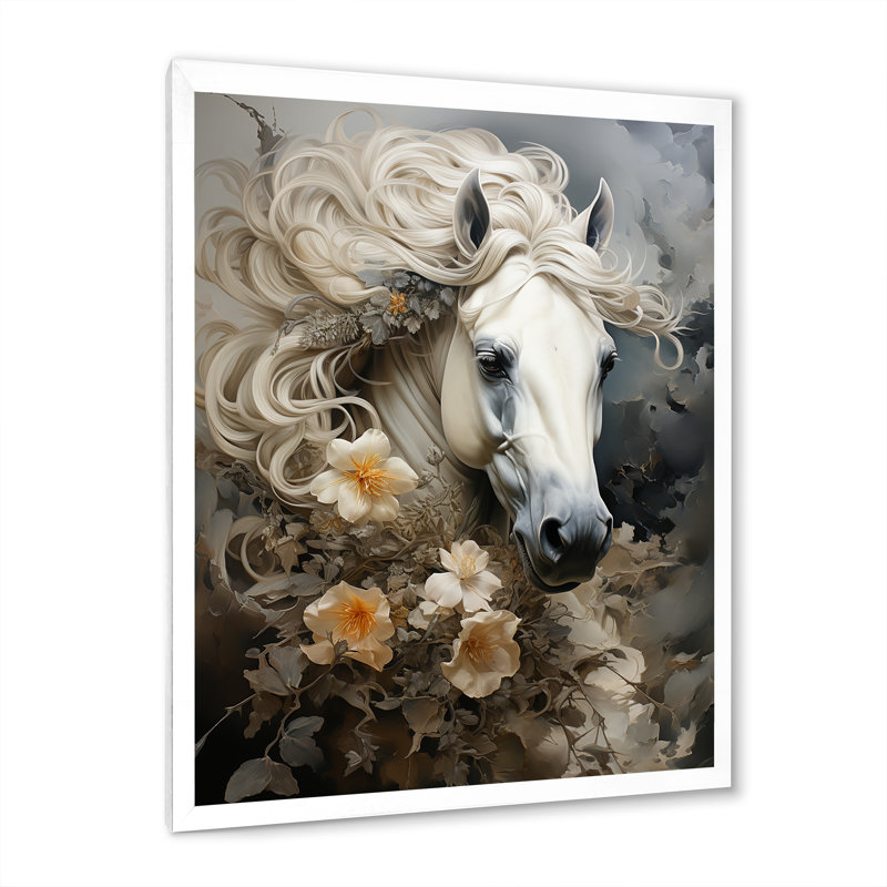 Portrait équin en fleurs, H 44 po x l 34 po x P 1,5 po, Cadre photo blanc