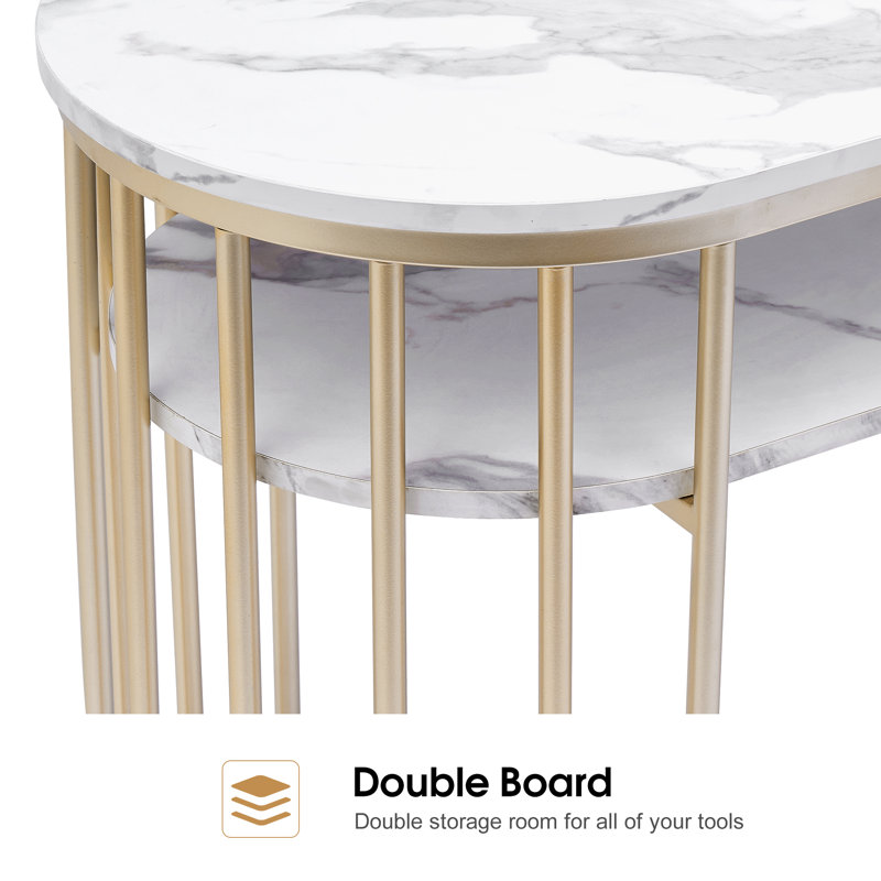 White Marbling Texture Vanity Desk with Gold Metal Frame