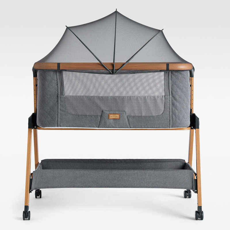 Bedside Cot with Mattress and Stand, Medium Yellow Wood/Grey
